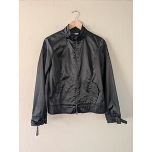 Black Satin Mock Neck Zip Up Jacket Womens 4 Grunge Edgy Punk Goth Buckle Y2K